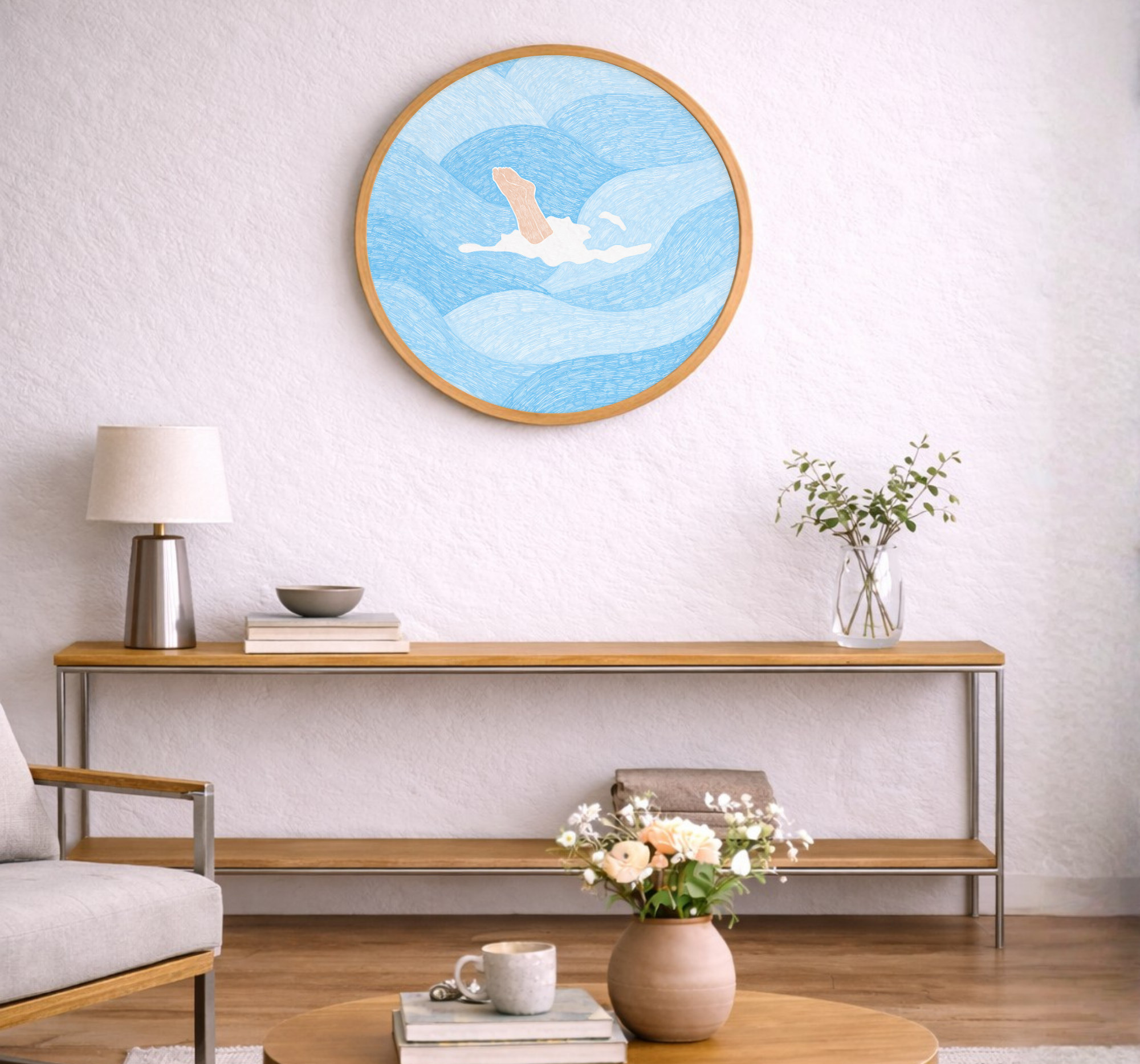 Rio Soléy - Wavebound Escape kunstprint i egetræsramme over konsol i moderne stue