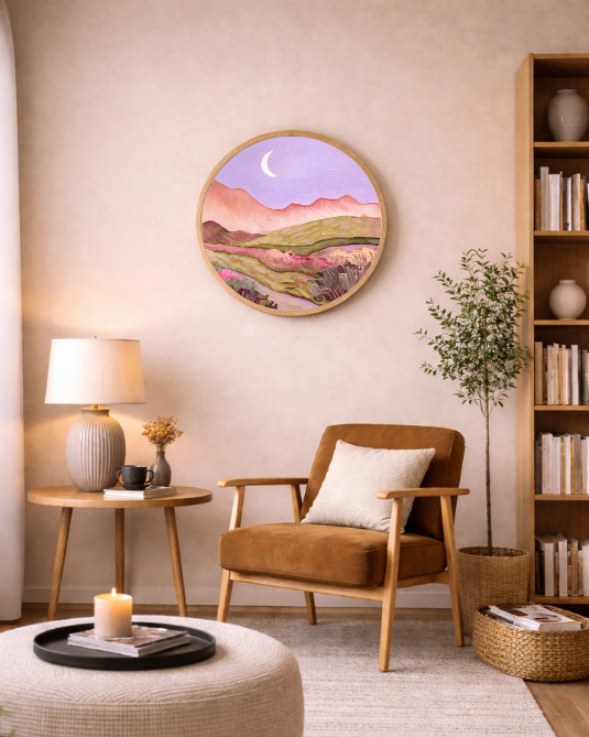 Ekaterina Prisich - Lilac Sky and Moon Over Flowery Pink Green Fields Landscape