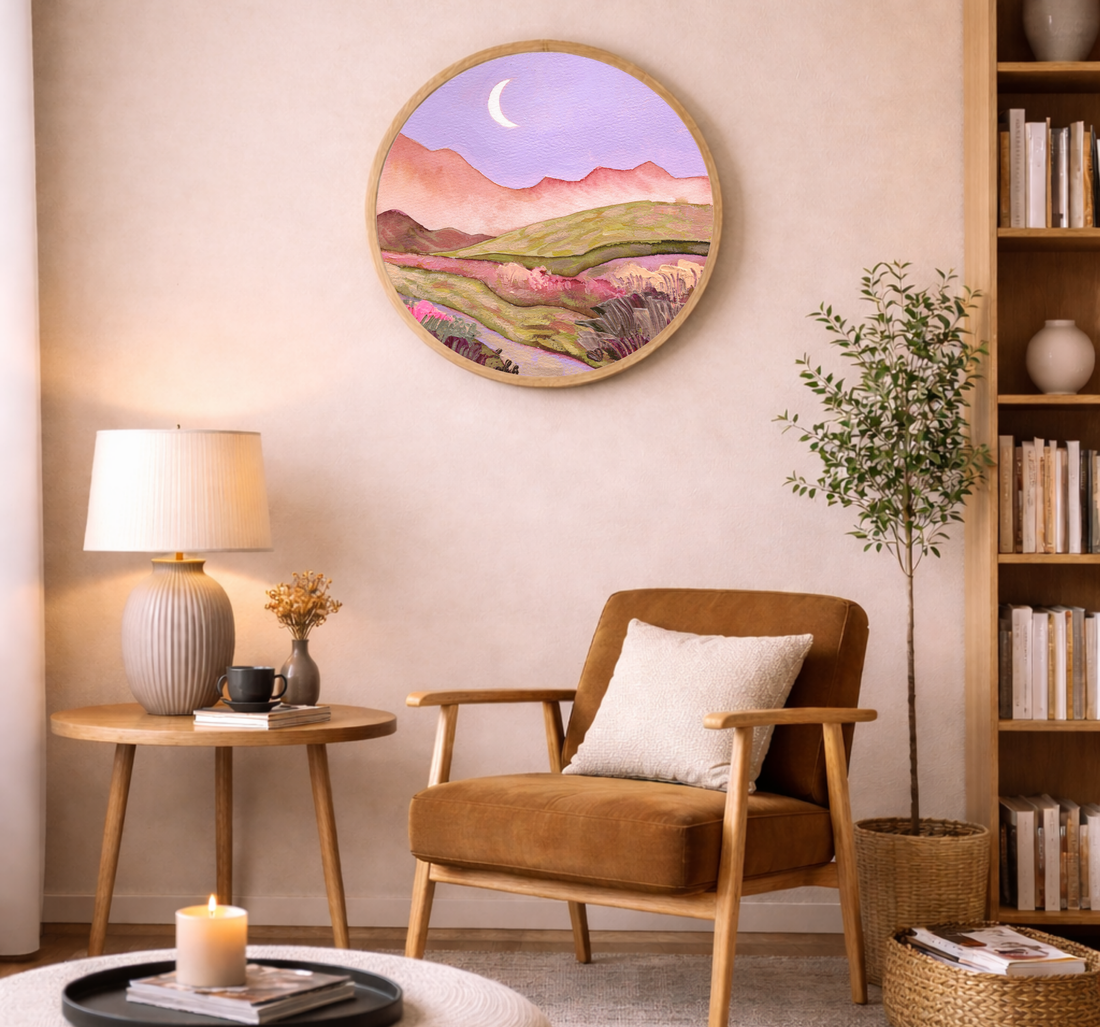 Ekaterina Prisich - Lilac Sky and Moon Over Flowery Pink Green Fields Landscape