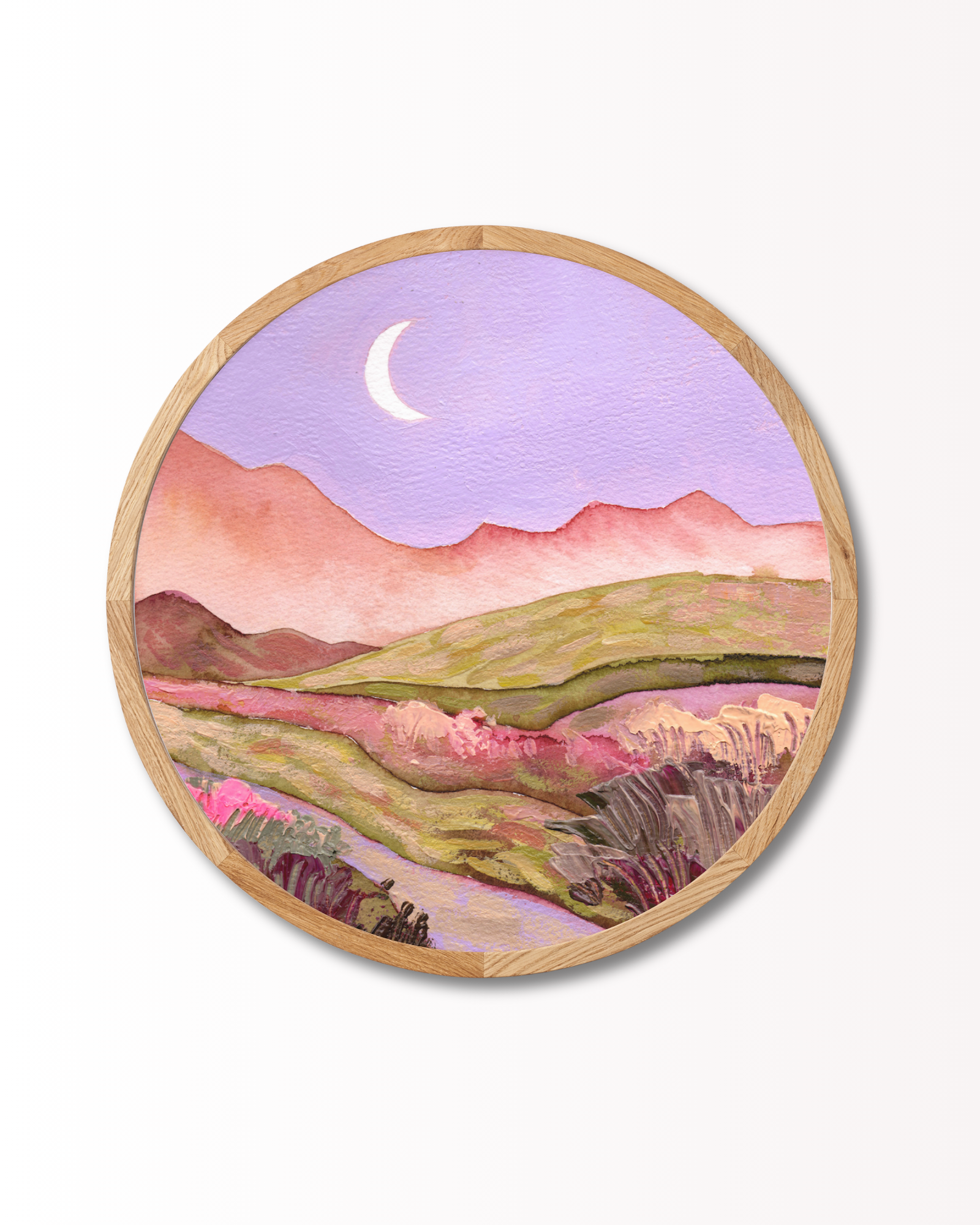 Ekaterina Prisich - Lilac Sky and Moon Over Flowery Pink Green Fields Landscape