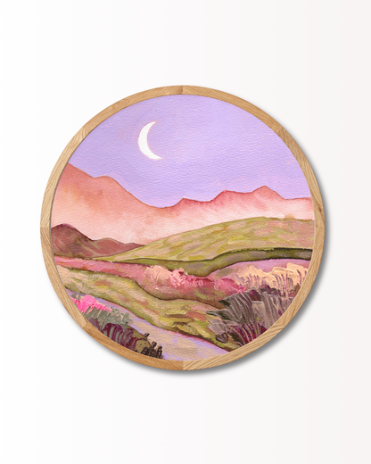 Ekaterina Prisich - Lilac Sky and Moon Over Flowery Pink Green Fields Landscape