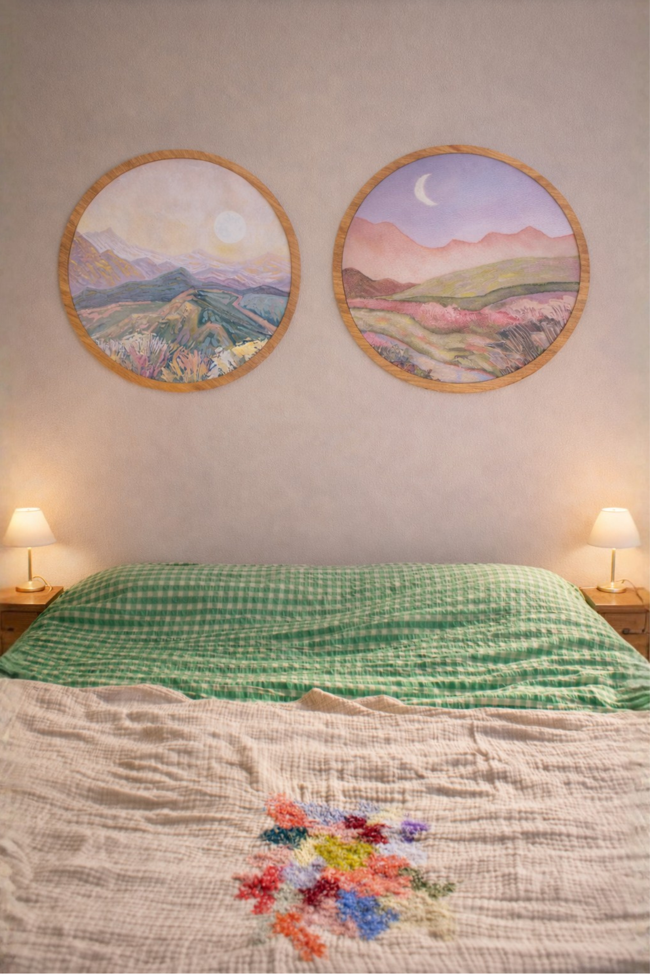 Ekaterina Prisich - Lilac Sky and Moon Over Flowery Pink Green Fields Landscape